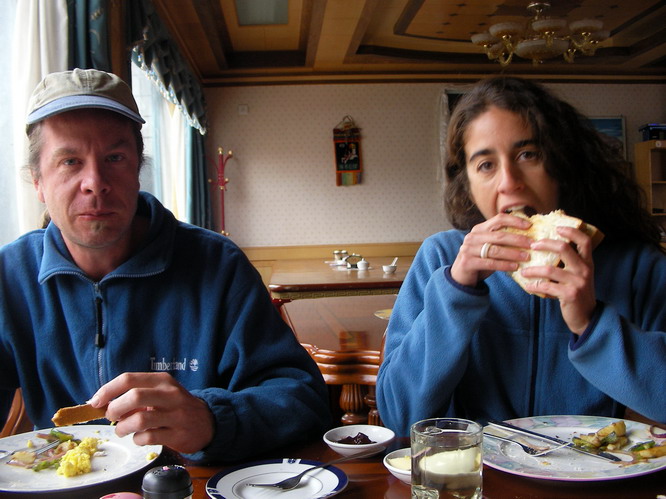 Getting a good meal at Tenzin\'s hotel. Shigatse, Tibet.